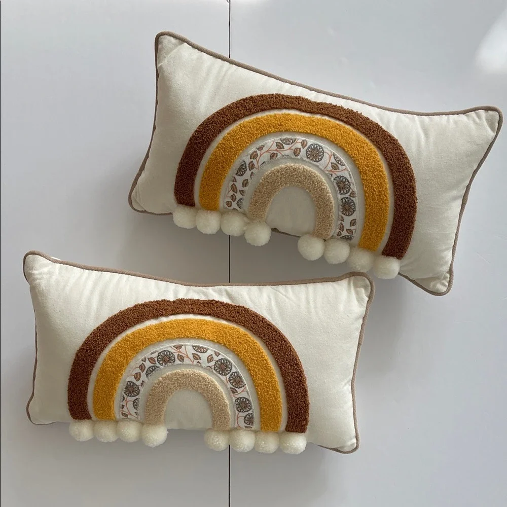 Rainbow‎ Embroidered PomPom Boucle Boho Throw Pillows Set